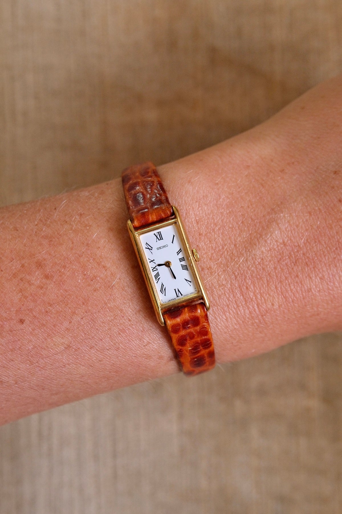 Rare 90s Slim & Petite Gold Tank Style Seiko Watch Roman Numerals on Leather Strap Working