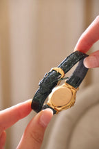 Vintage Seiko Lassale Ladies Watch, Gold Plated 1980s Ultra Thin Dress Watch Roman Numeral Bezel, Green Leather Strap