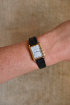 Rare ladies' Christian Dior 90s watch with tank-style rectangular dial, and black leather strap