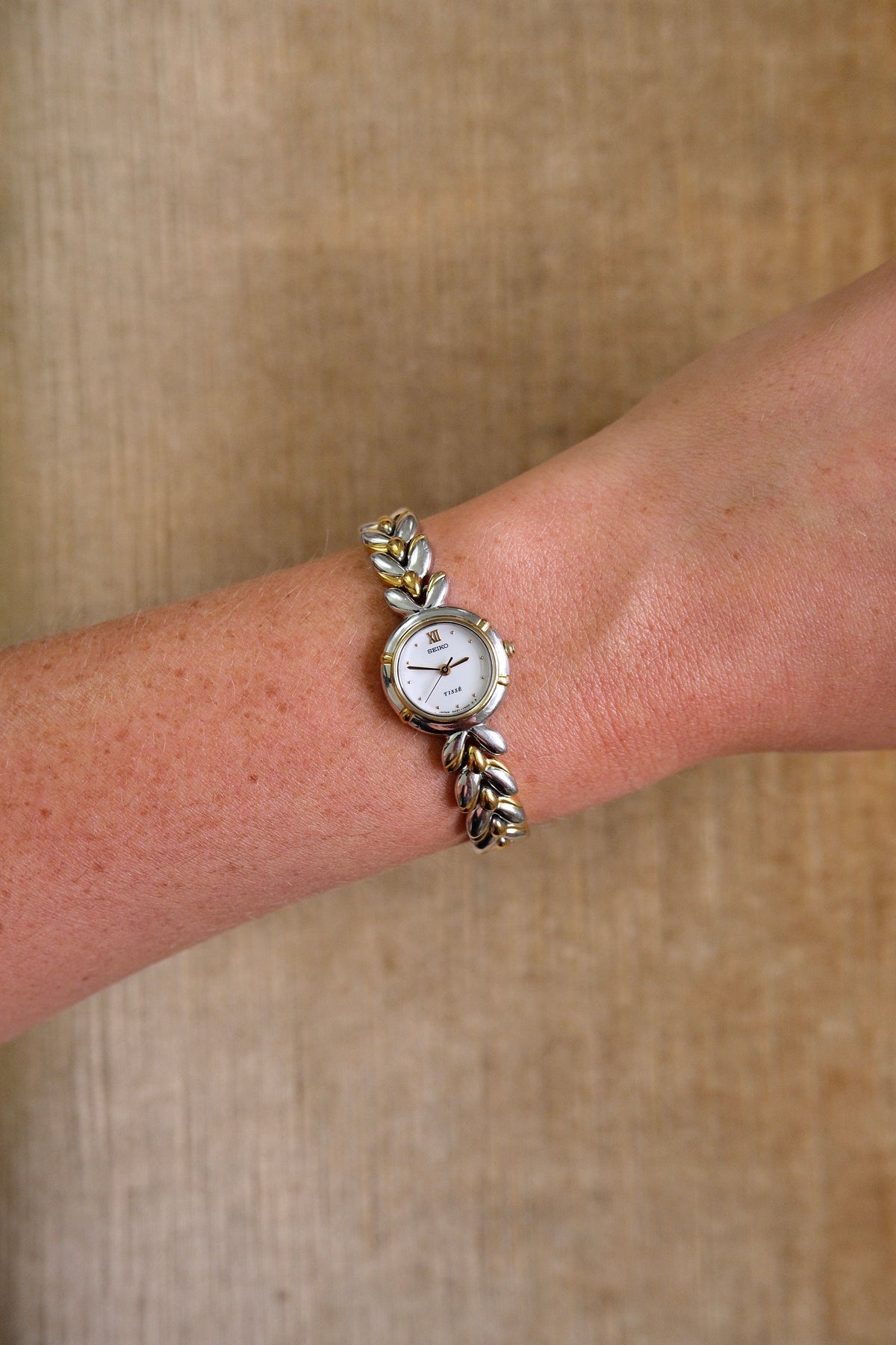 Vintage 90s Ladies Gold Two Tone Seiko Tissé Dainty Quartz Watch