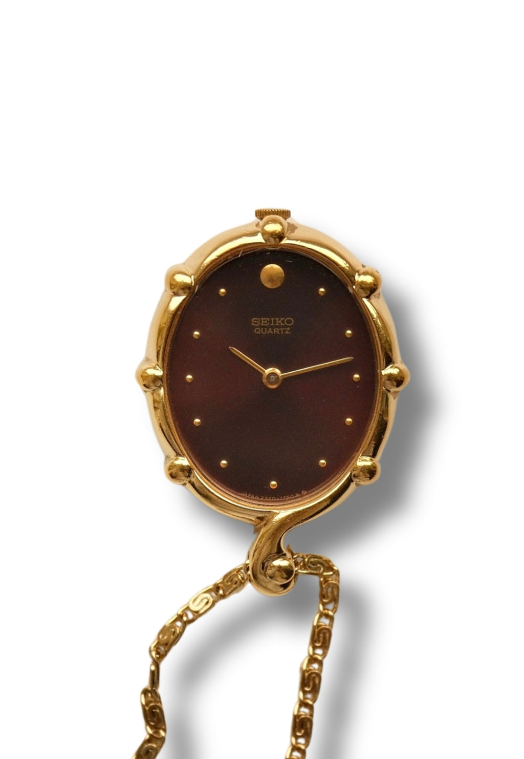 Rare 1980s Seiko Gold Plated Pendant Watch Necklace, Burgundy Maroon Dial Quartz Watch with Chain