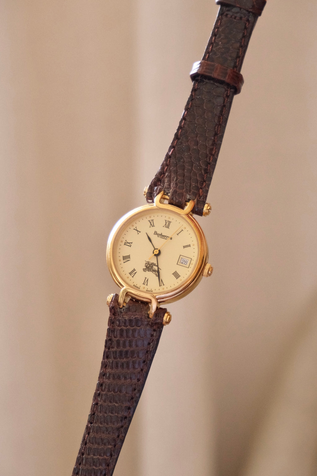 1994 Ladies Burberrys Gold Tone Round Watch with Date Brown Lizard Strap