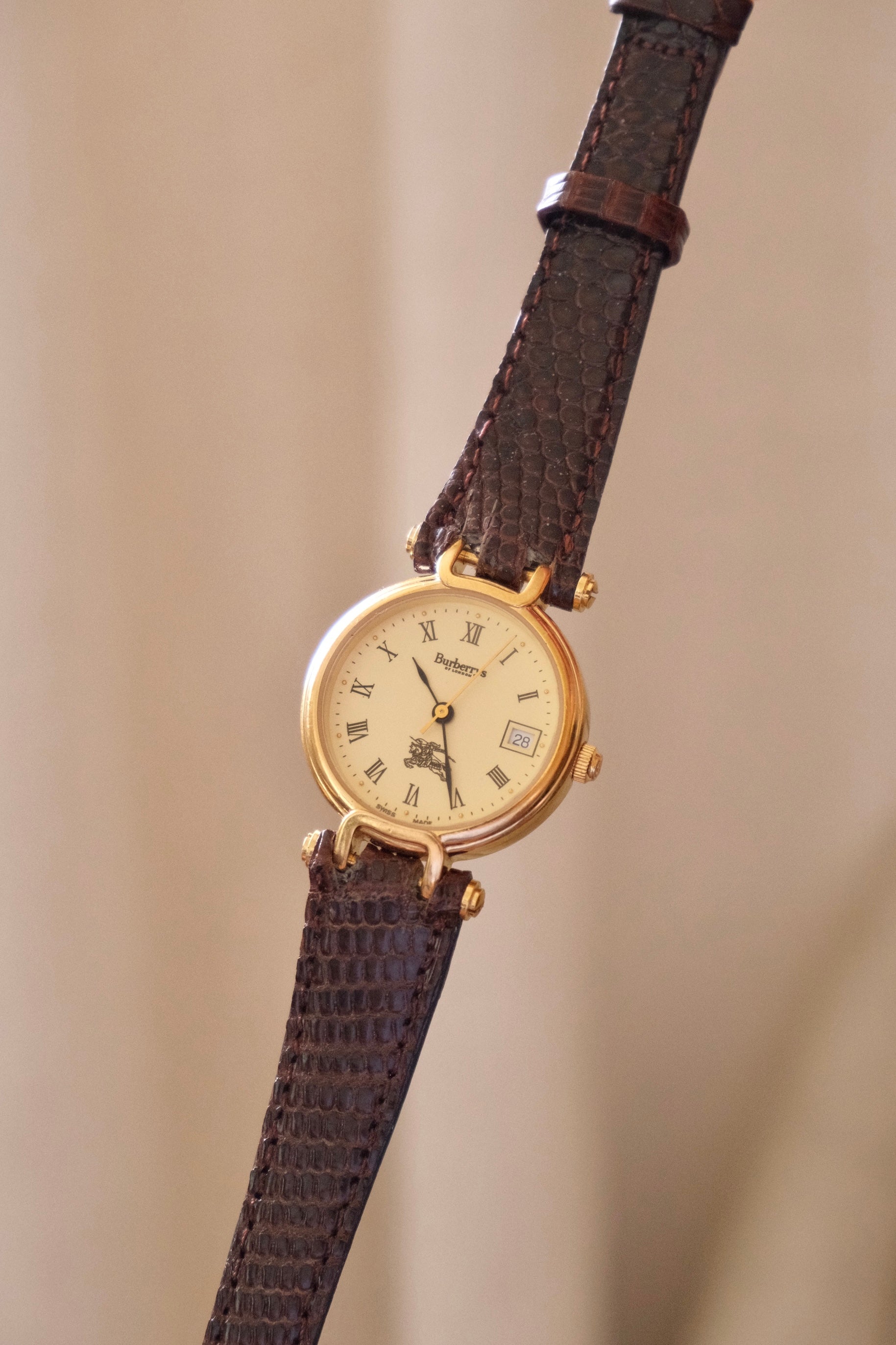 1994 Ladies Burberrys Gold Tone Round Watch with Date Brown Lizard Strap