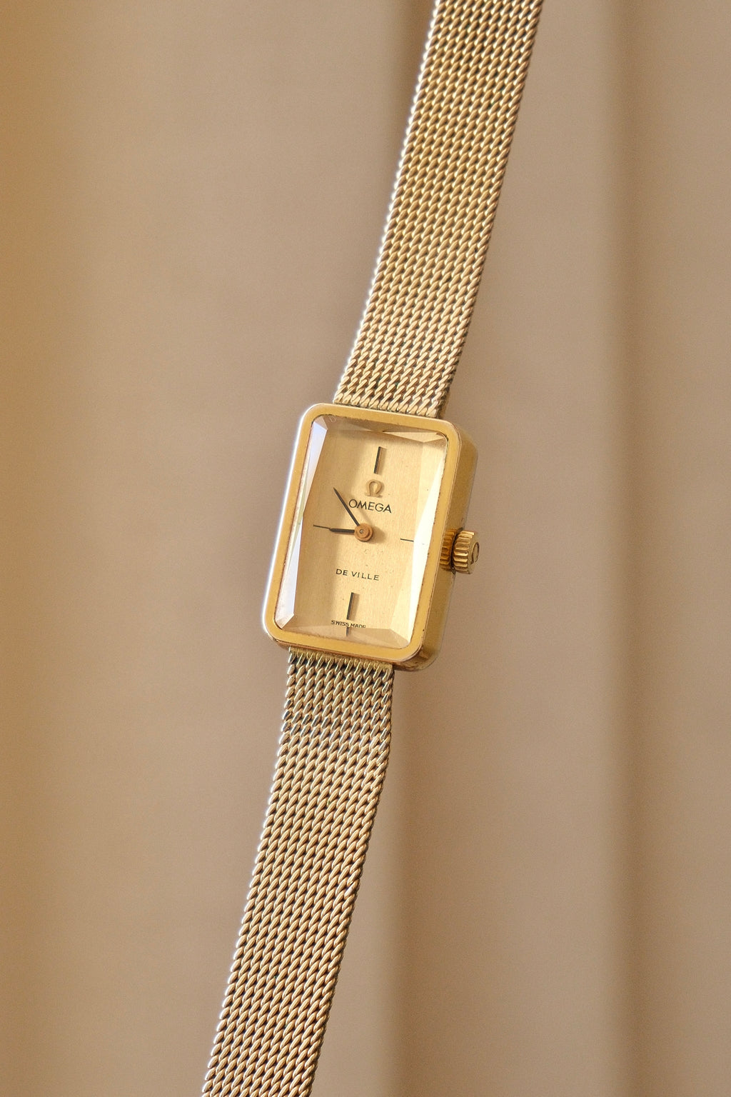 1970s Omega De Ville Manual Wind Gold Plated Tank Style Watch Mesh Strap, in Omega Box Working