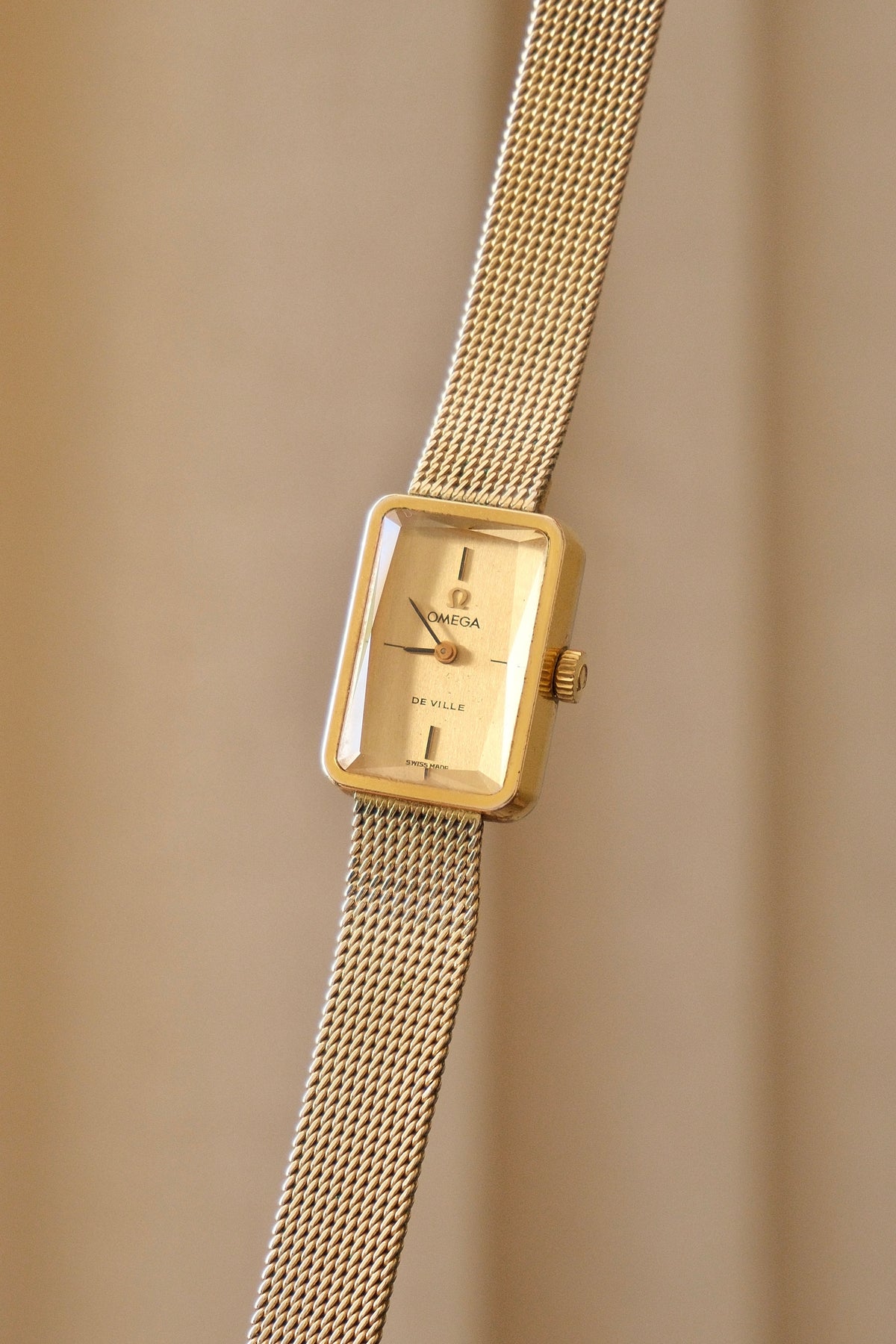1970s Omega De Ville Manual Wind Gold Plated Tank Style Watch Mesh Strap, in Omega Box Working