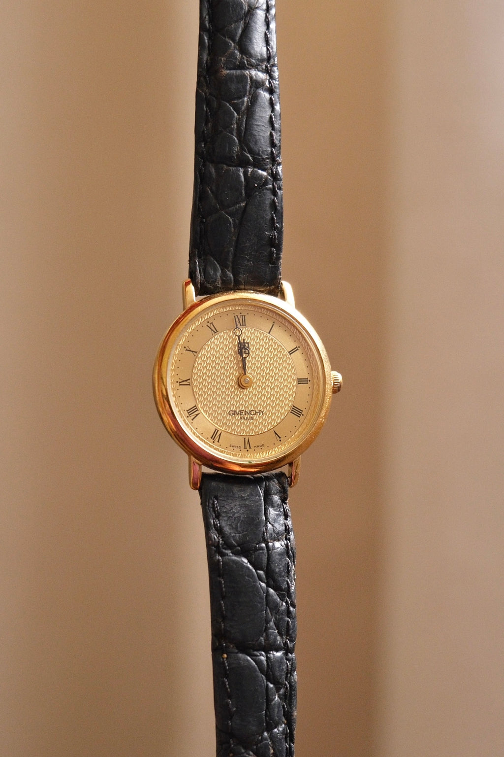 Vintage Ladies Givenchy Paris Gold Dress Watch, Black Crocodile Leather Strap, Roman Numeral Dial, Classic Luxury Wristwatch