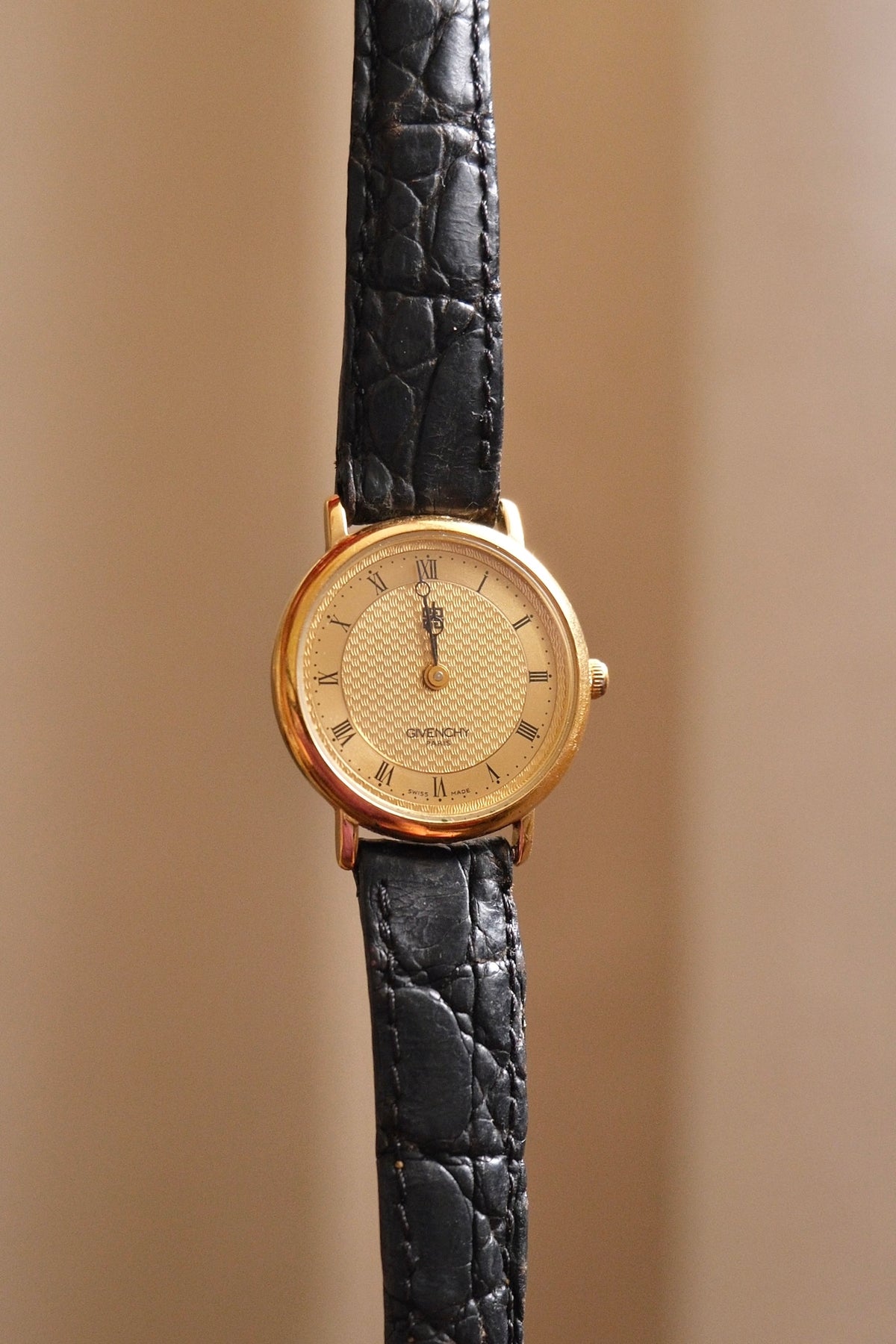 Vintage Ladies Givenchy Paris Gold Dress Watch, Black Crocodile Leather Strap, Roman Numeral Dial, Classic Luxury Wristwatch