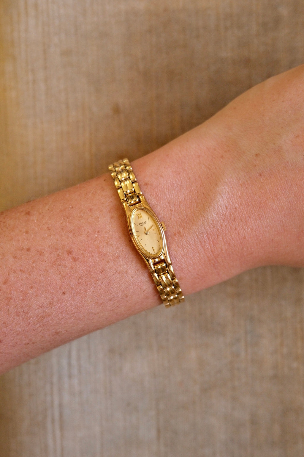Rare 90s Ladies Gold Pulsar Slim and Petite Watch in Box