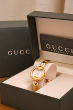 Vintage 1990s Gucci 1400L Gold Plated Ladies Watch with Original Box & Papers – Working Swiss Designer Bangle Watch