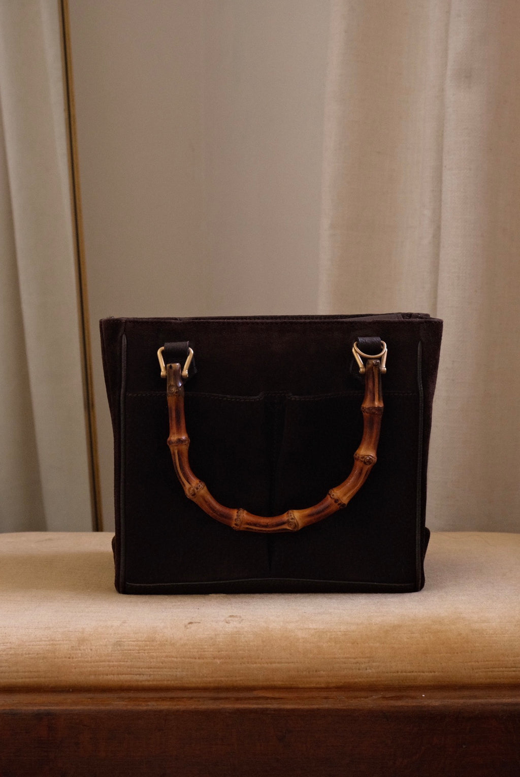 Vintage Gucci Bamboo Tote Bag Brown Suede with Bamboo Handles Circa 1980s