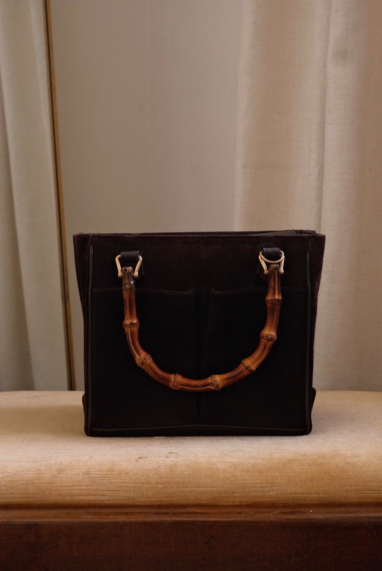 Vintage Gucci Bamboo Tote Bag Brown Suede with Bamboo Handles Circa 1980s