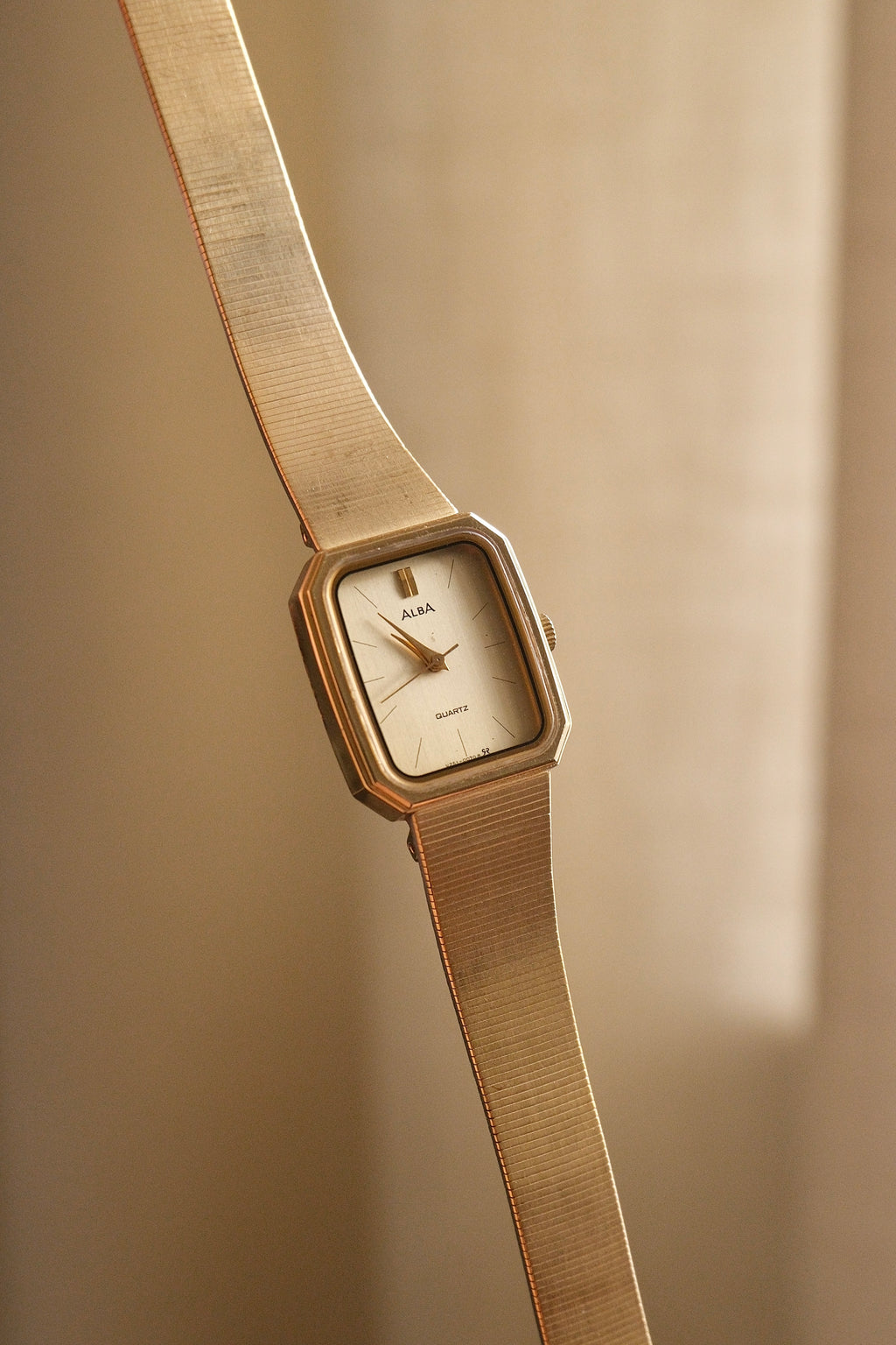 Vintage Alba Seiko Ladies Gold Watch Featuring an Octagonal case and a Textured link bracelet