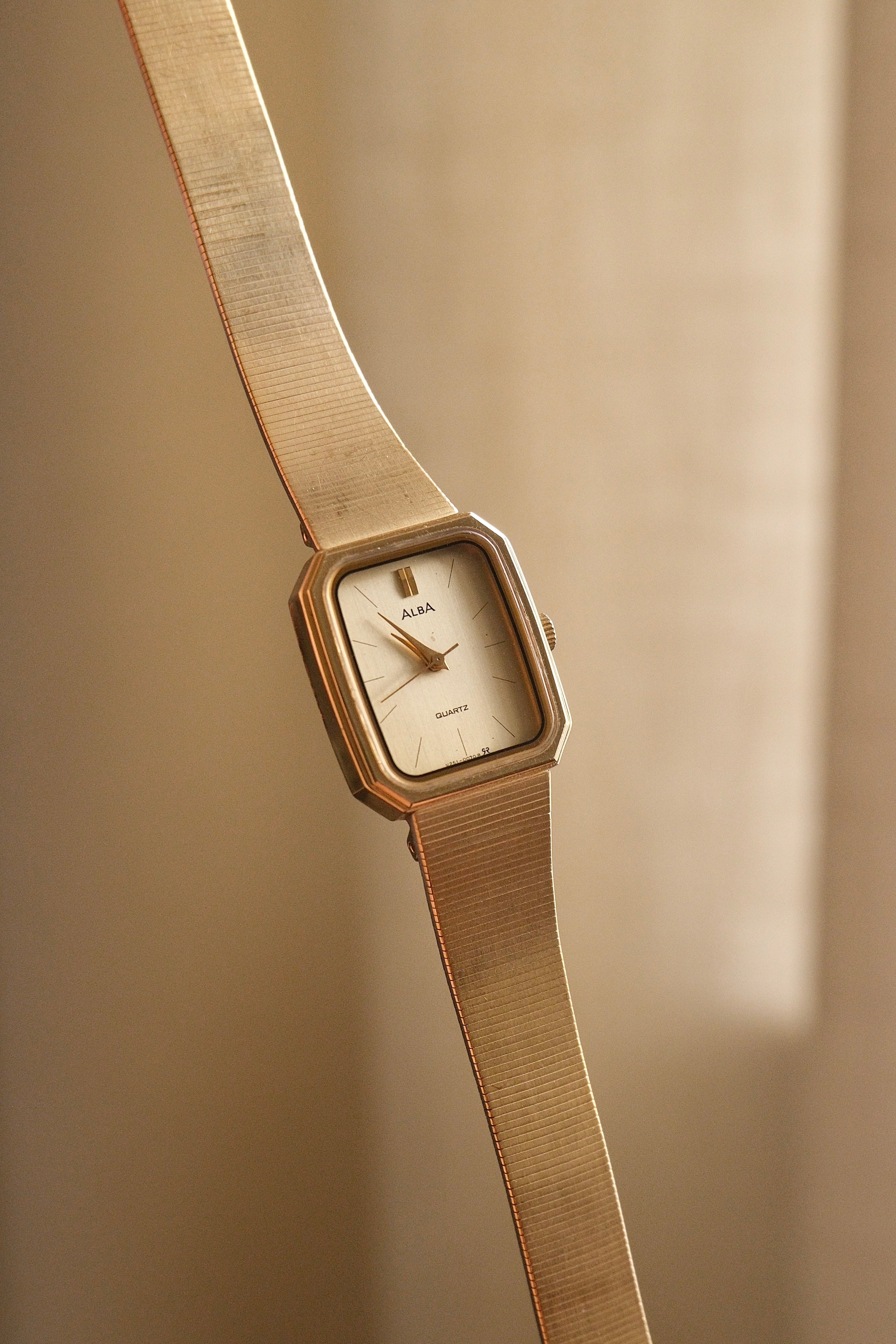 Vintage Alba Seiko Ladies Gold Watch Featuring an Octagonal case and a Textured link bracelet
