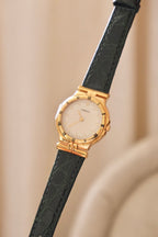 Vintage Seiko Lassale Ladies Watch, Gold Plated 1980s Ultra Thin Dress Watch Roman Numeral Bezel, Green Leather Strap