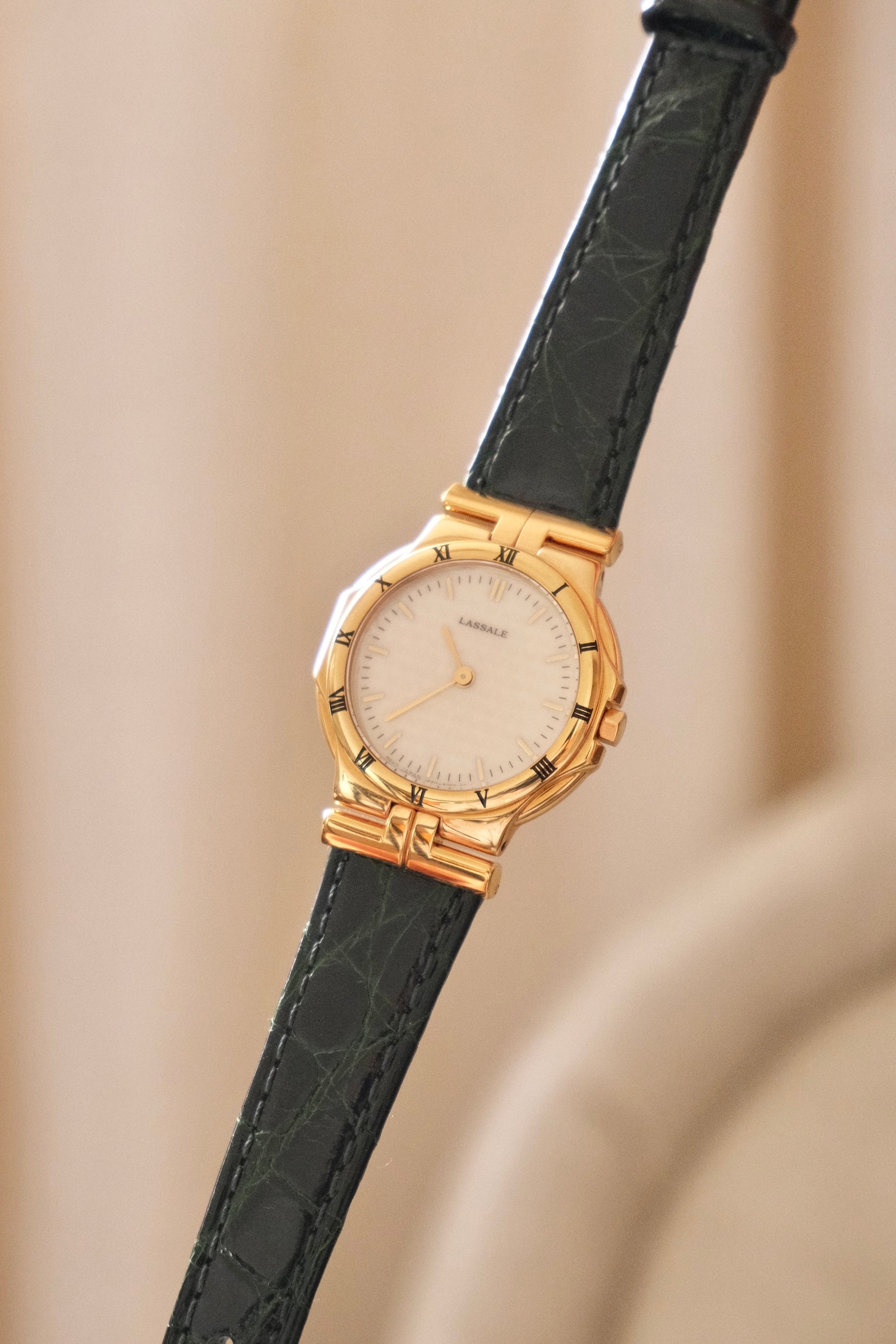 Vintage Seiko Lassale Ladies Watch, Gold Plated 1980s Ultra Thin Dress Watch Roman Numeral Bezel, Green Leather Strap