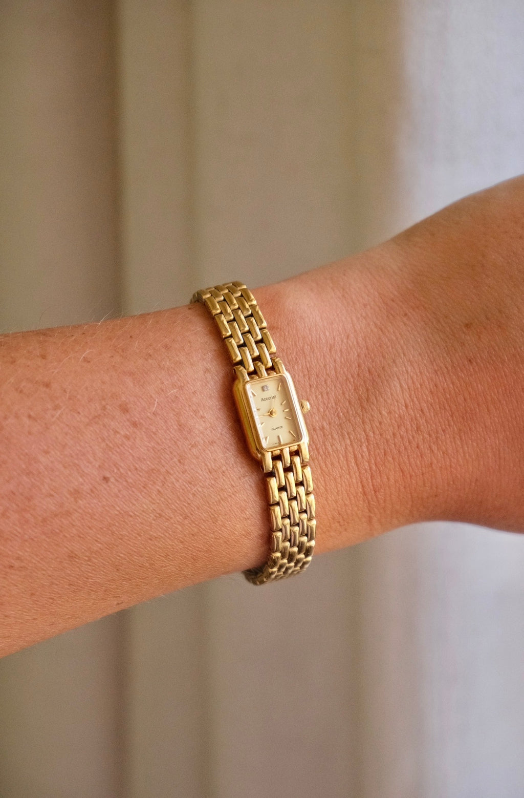 Vintage 1980s Gold  Accurist Ladies Tank Watch  Japanese Movement Diamond Accent Housed in Original Box
