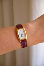 Near Mint Vintage 90s Seiko Noie Baignoire Style Burgendy Leather Strap Watch Working