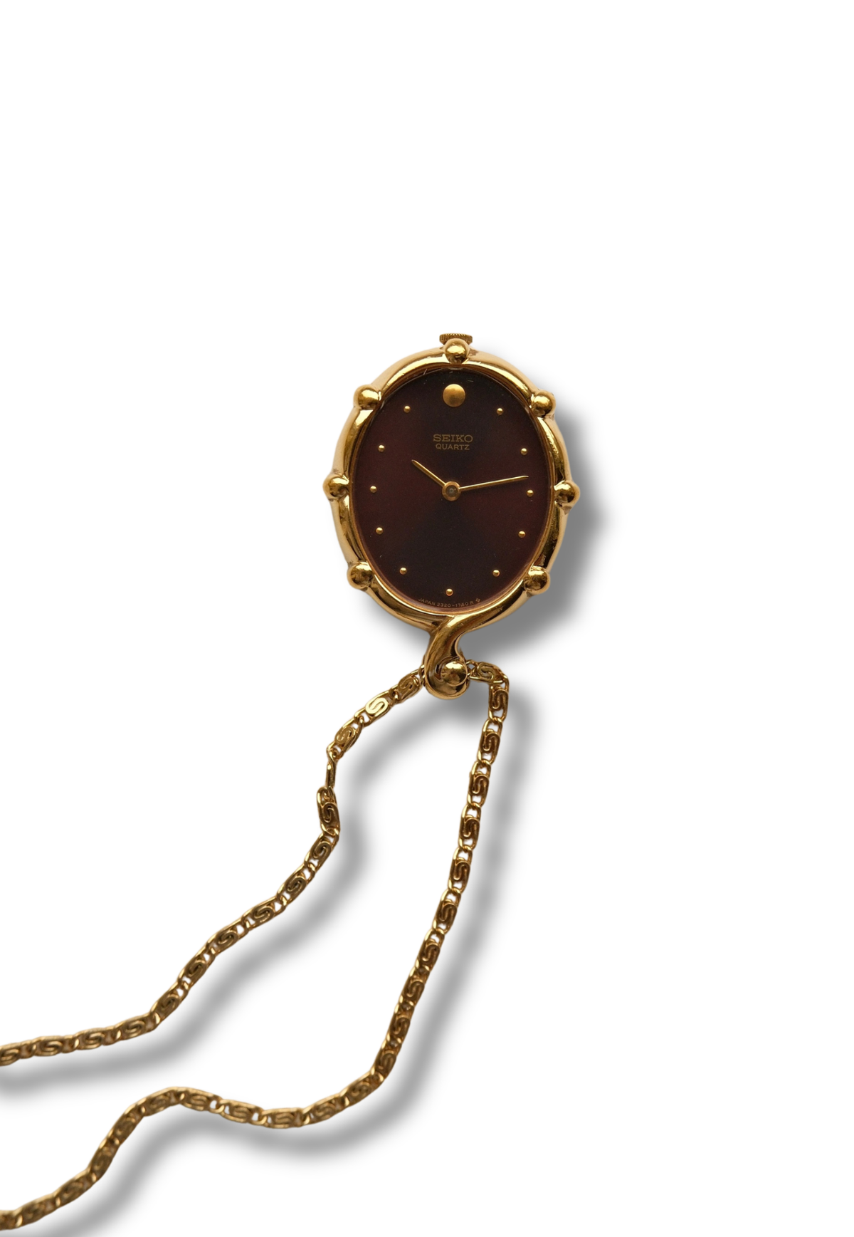 Rare 1980s Seiko Gold Plated Pendant Watch Necklace, Burgundy Maroon Dial Quartz Watch with Chain