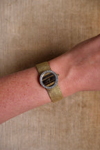 Vintage 1970s Jean Perret Genève Ladies Watch Tiger’s Eye Dial & Diamond Accent Bezel Swiss Gold Mesh Cocktail Watch