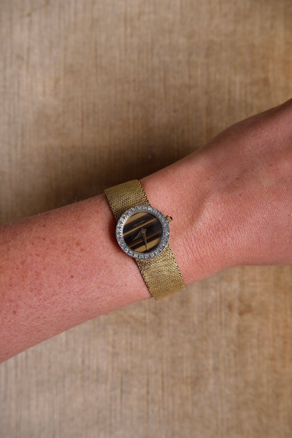 Vintage 1970s Jean Perret Genève Ladies Watch Tiger’s Eye Dial & Diamond Accent Bezel Swiss Gold Mesh Cocktail Watch