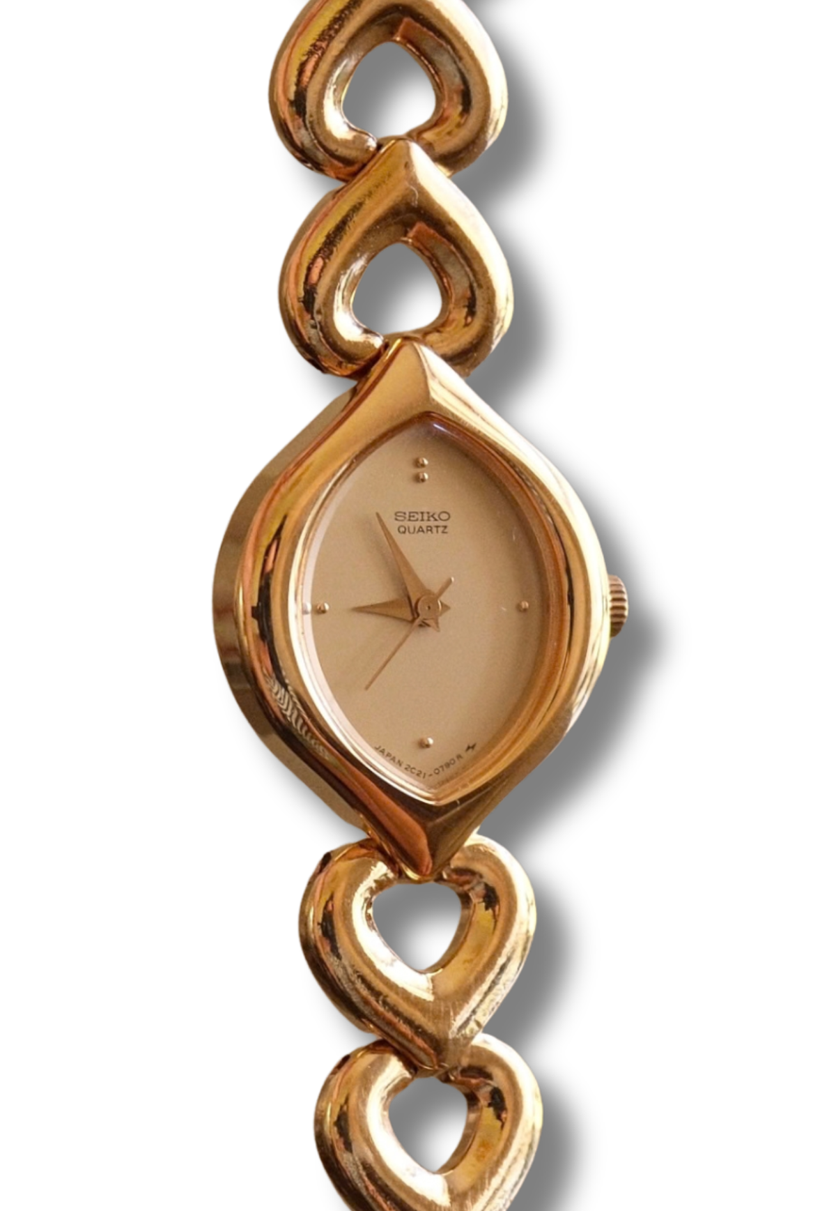 Rare Vintage Seiko Gold Heart Link Ladies Watch with a Teardrop Case Champagne Dial