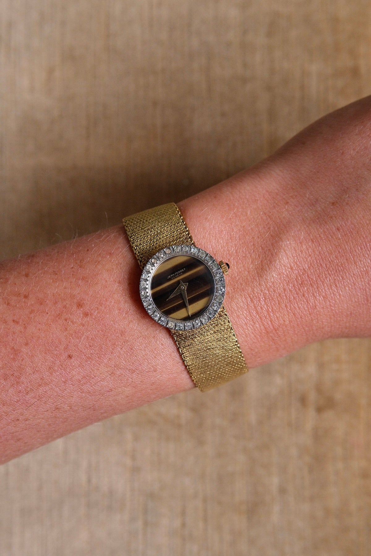 Vintage 1970s Jean Perret Genève Ladies Watch Tiger’s Eye Dial & Diamond Accent Bezel Swiss Gold Mesh Cocktail Watch