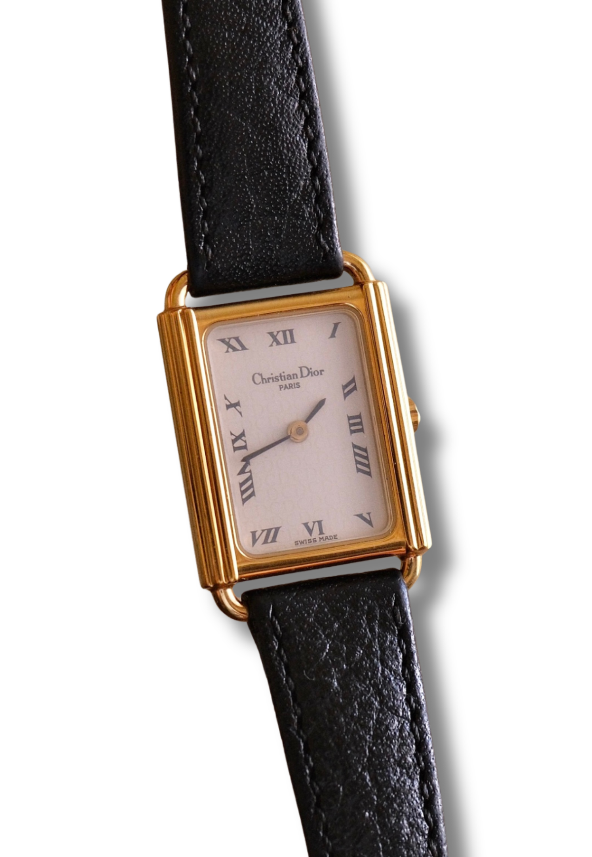 Rare ladies' Christian Dior 90s watch with tank-style rectangular dial, and black leather strap