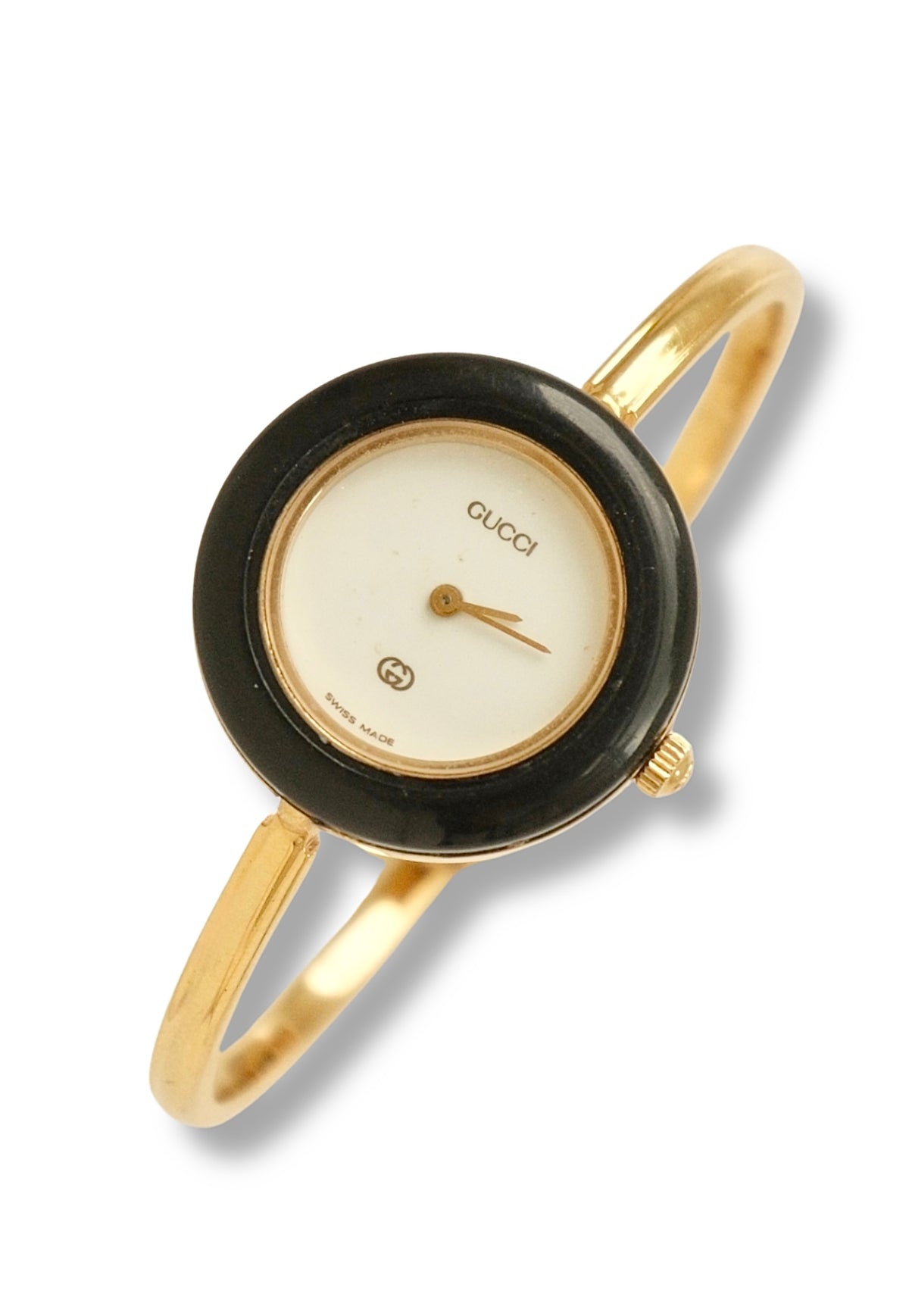 Vintage Gucci 1100L Gold Plated Interchangeable Watch with Black Bezel White Dial
