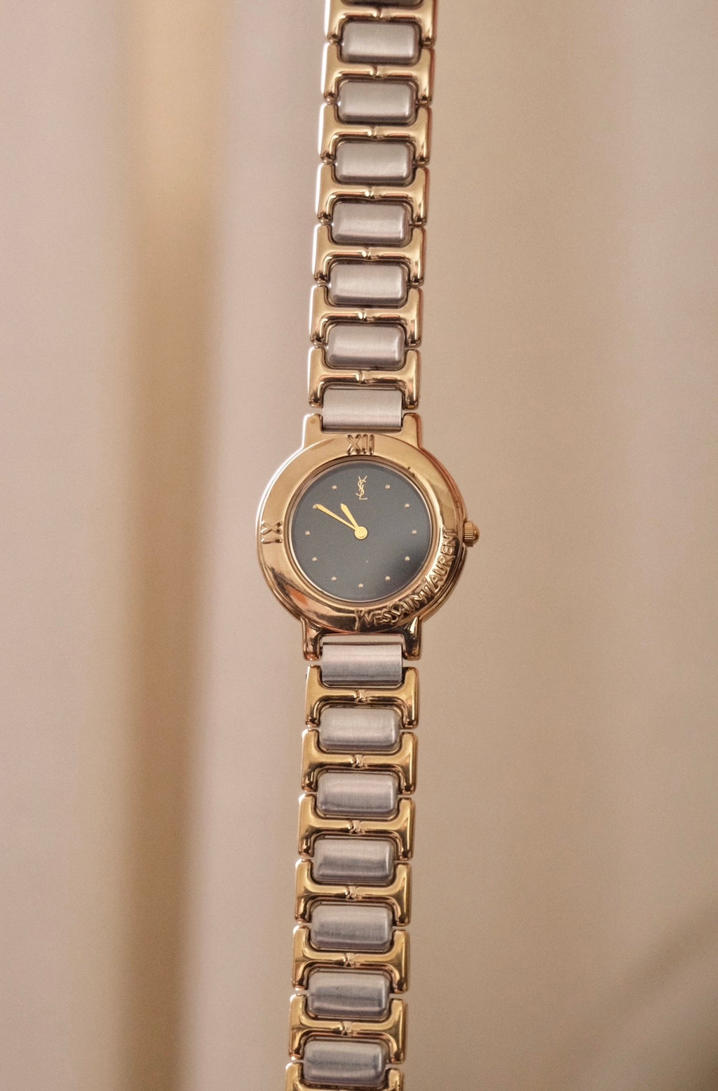 Vintage YSL Ladies Dual Tone Black Dial Watch Working