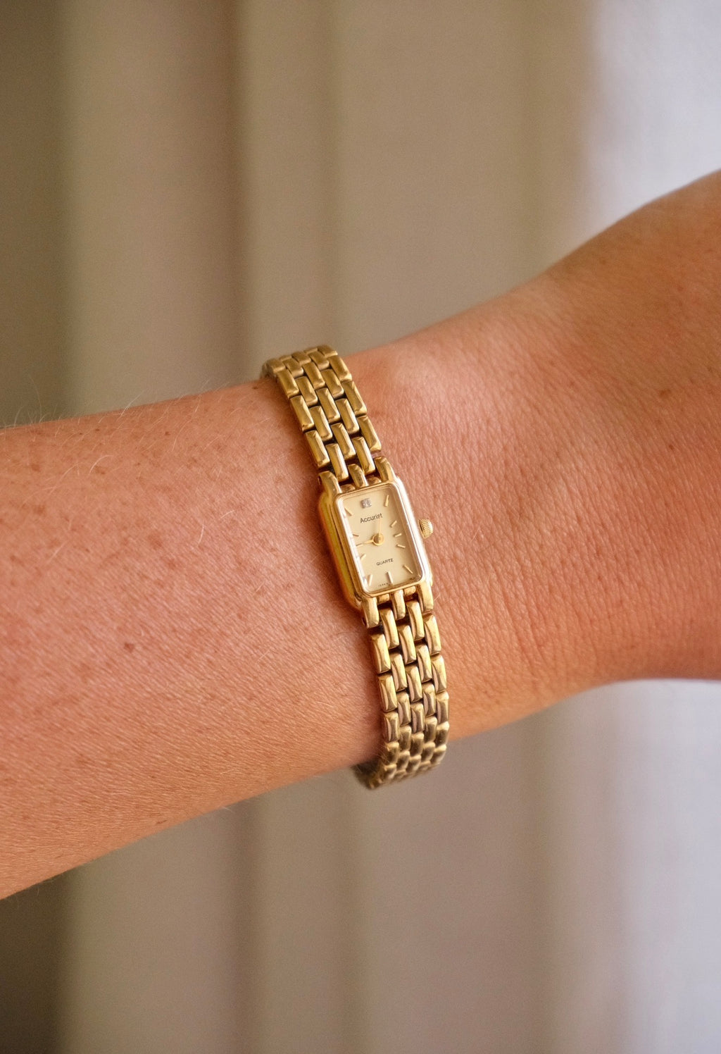 Vintage 1980s Gold  Accurist Ladies Tank Watch  Japanese Movement Diamond Accent Housed in Original Box