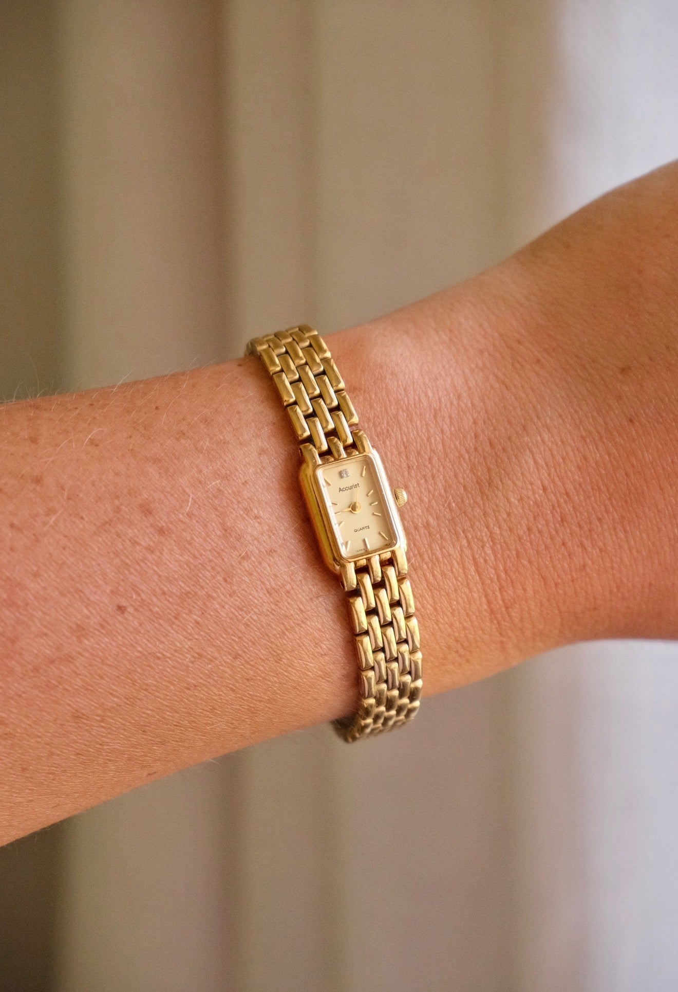 Vintage 1980s Gold  Accurist Ladies Tank Watch  Japanese Movement Diamond Accent Housed in Original Box