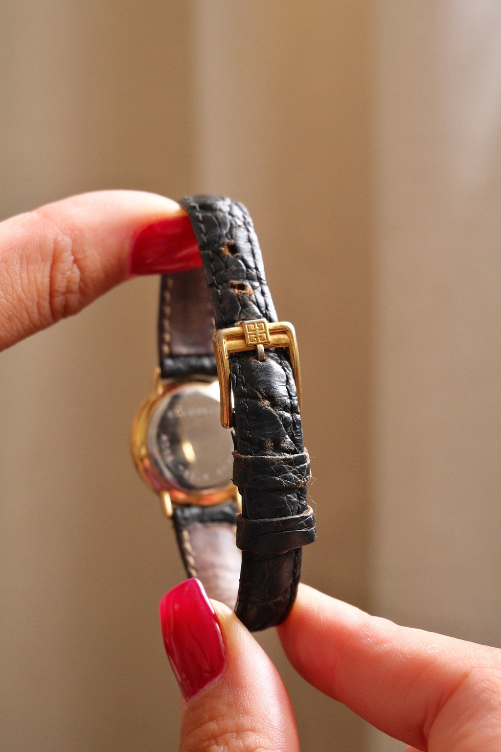 Vintage Ladies Givenchy Paris Gold Dress Watch, Black Crocodile Leather Strap, Roman Numeral Dial, Classic Luxury Wristwatch
