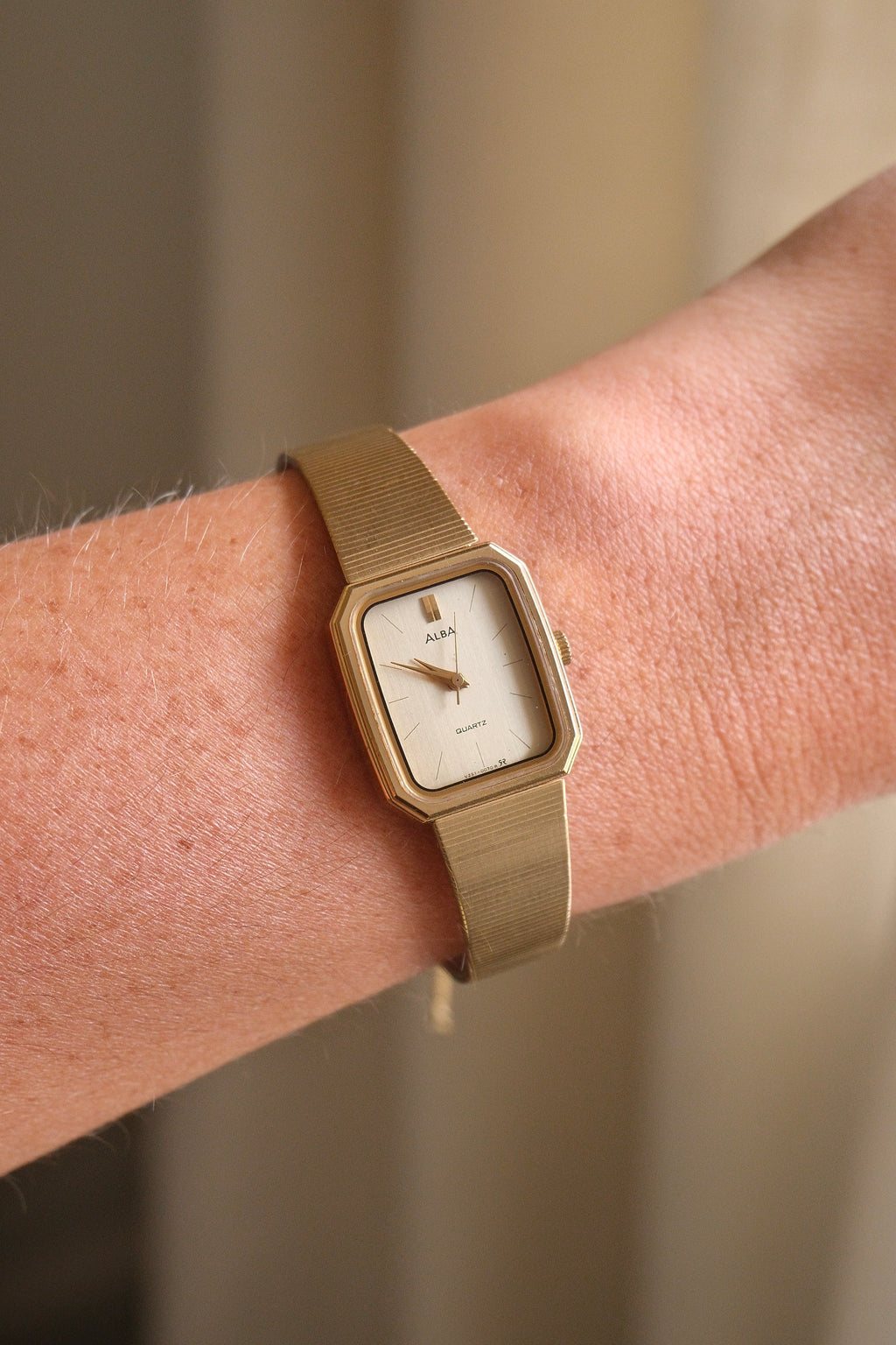 Vintage Alba Seiko Ladies Gold Watch Featuring an Octagonal case and a Textured link bracelet