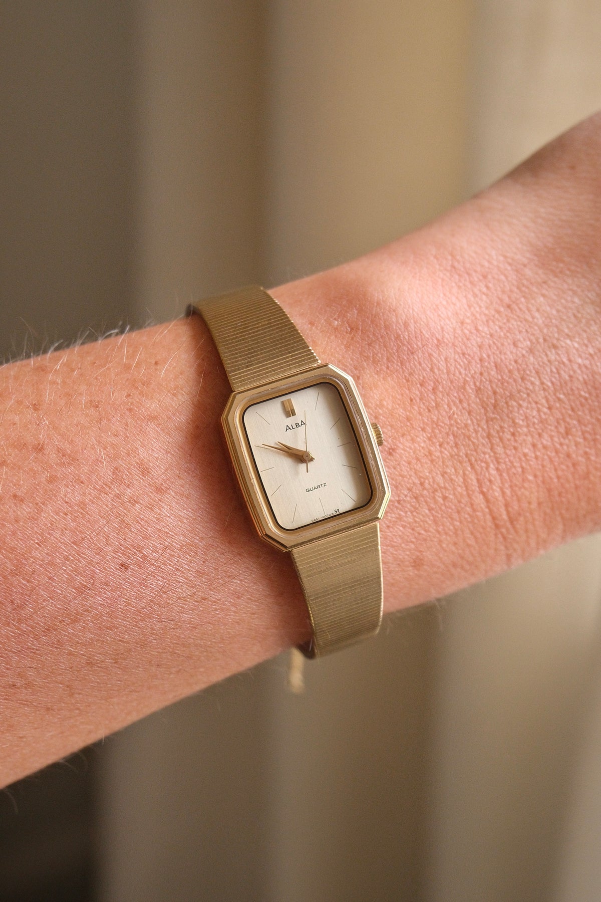 Vintage Alba Seiko Ladies Gold Watch Featuring an Octagonal case and a Textured link bracelet