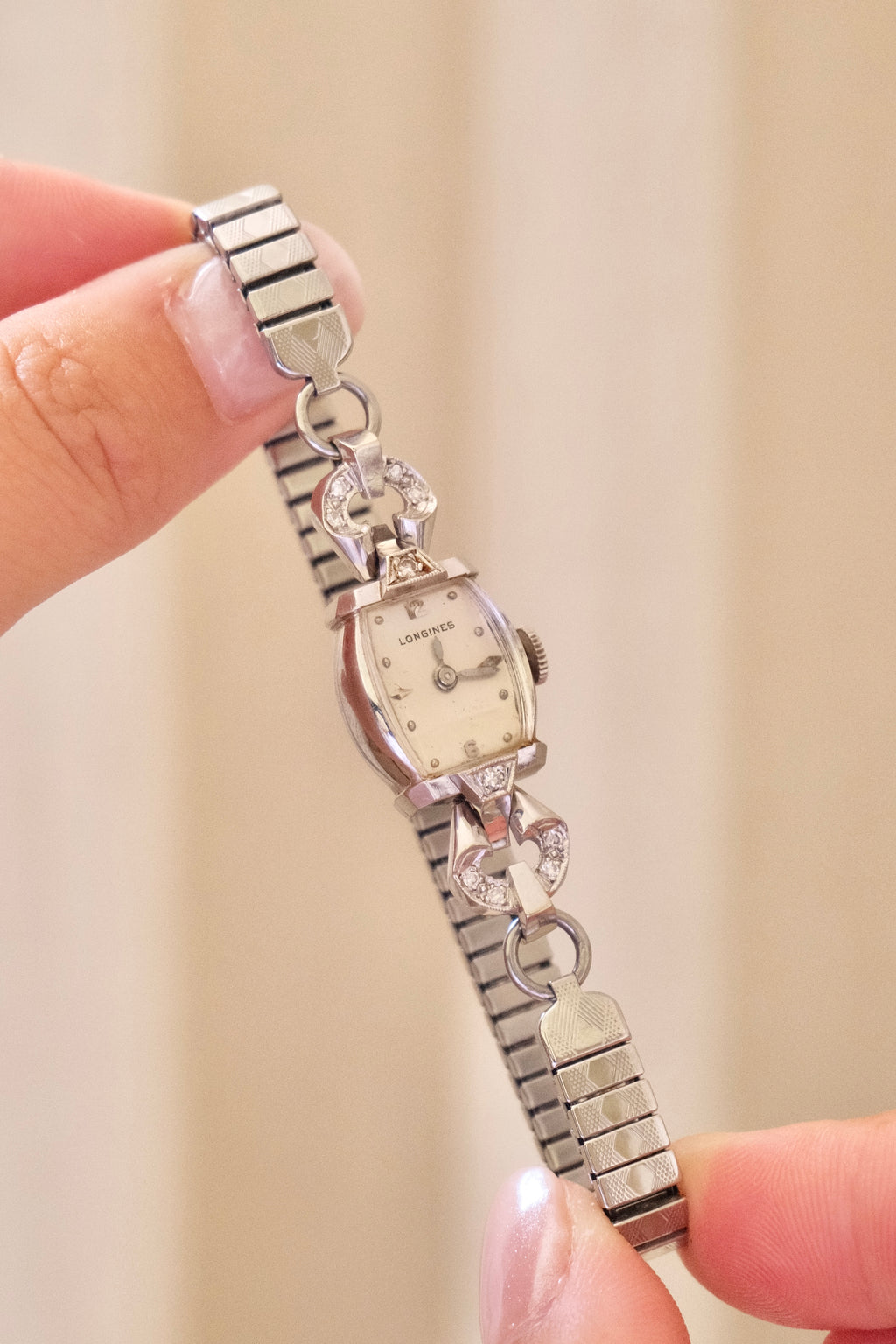 Rare Vintage Longines 14K White Gold Diamond Ladies Watch – Art Deco Style 1950s Swiss 17 Jewel Manual Wind Wristwatch