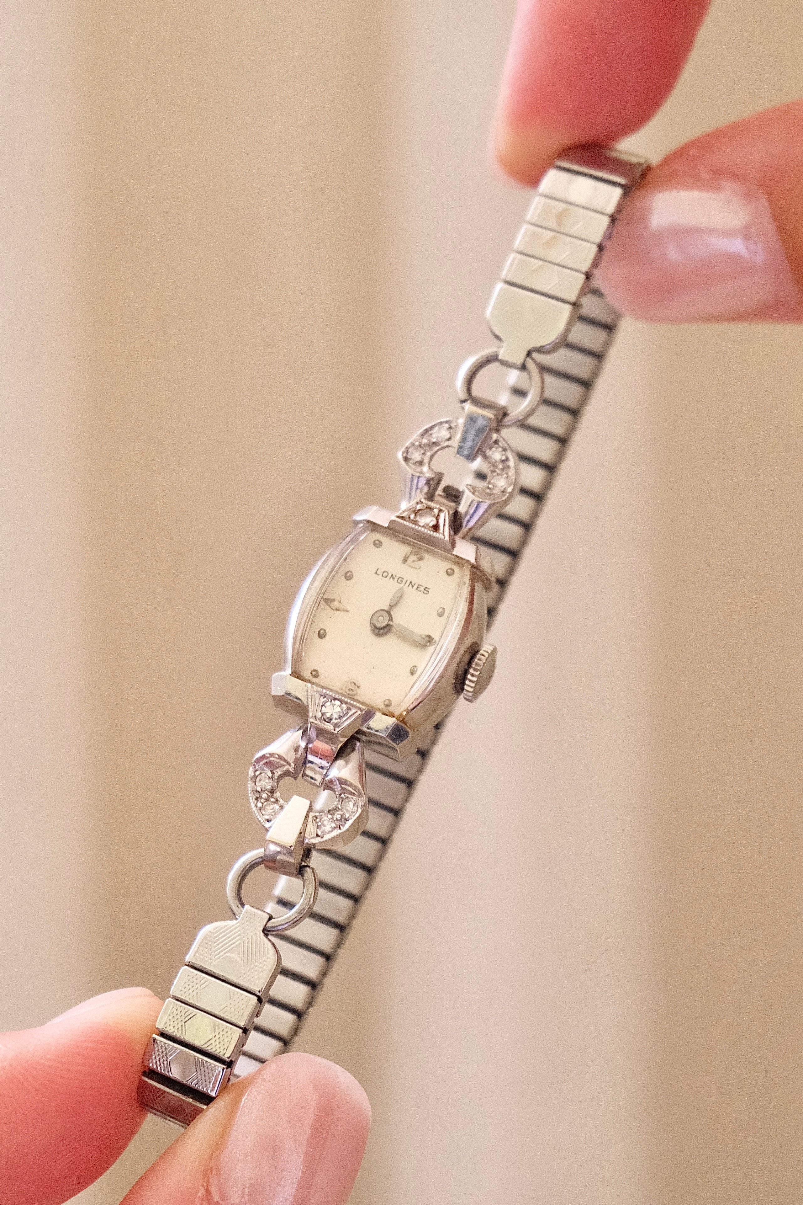 Rare Vintage Longines 14K White Gold Diamond Ladies Watch – Art Deco Style 1950s Swiss 17 Jewel Manual Wind Wristwatch