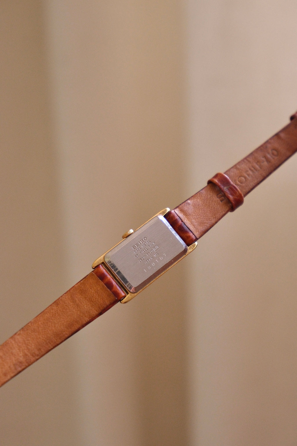 Rare 90s Slim & Petite Gold Tank Style Seiko Watch Roman Numerals on Leather Strap Working