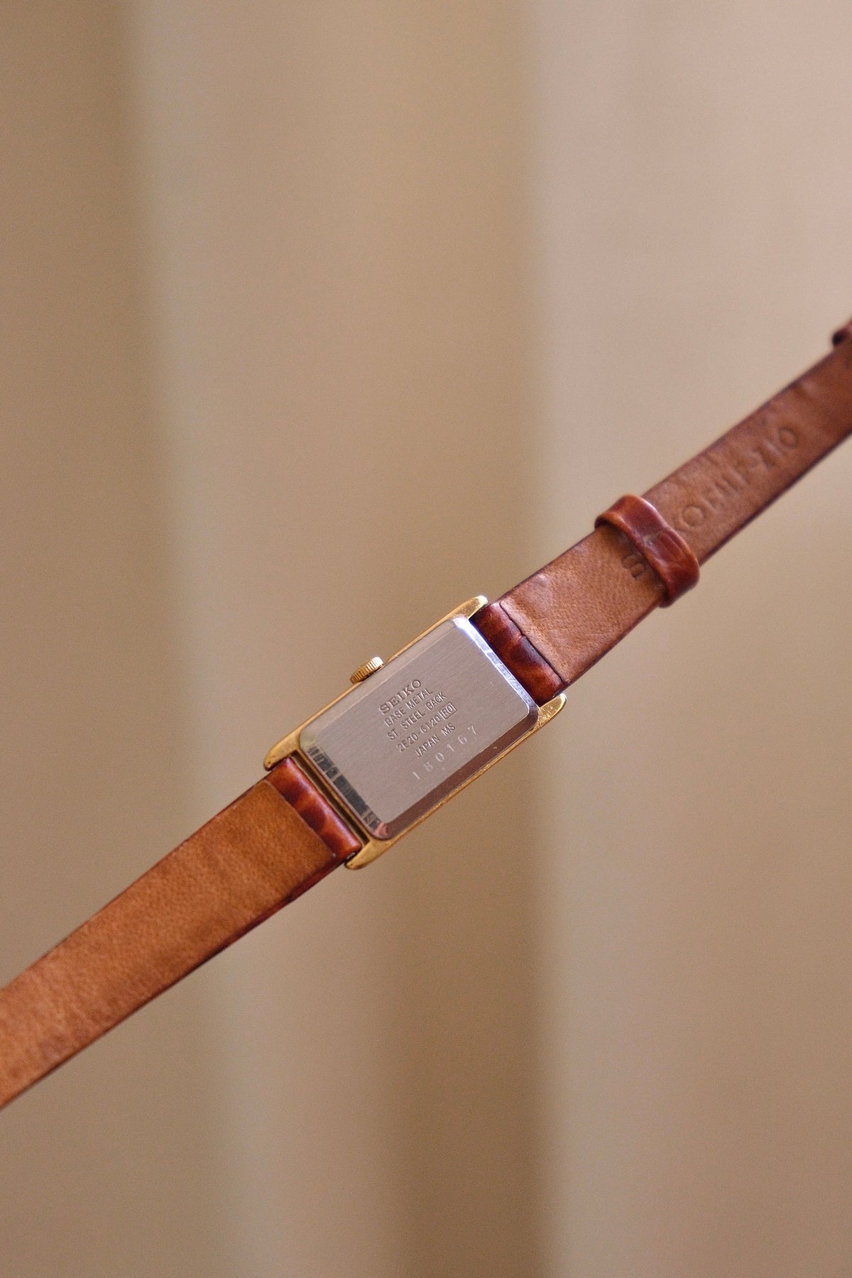 Rare 90s Slim & Petite Gold Tank Style Seiko Watch Roman Numerals on Leather Strap Working