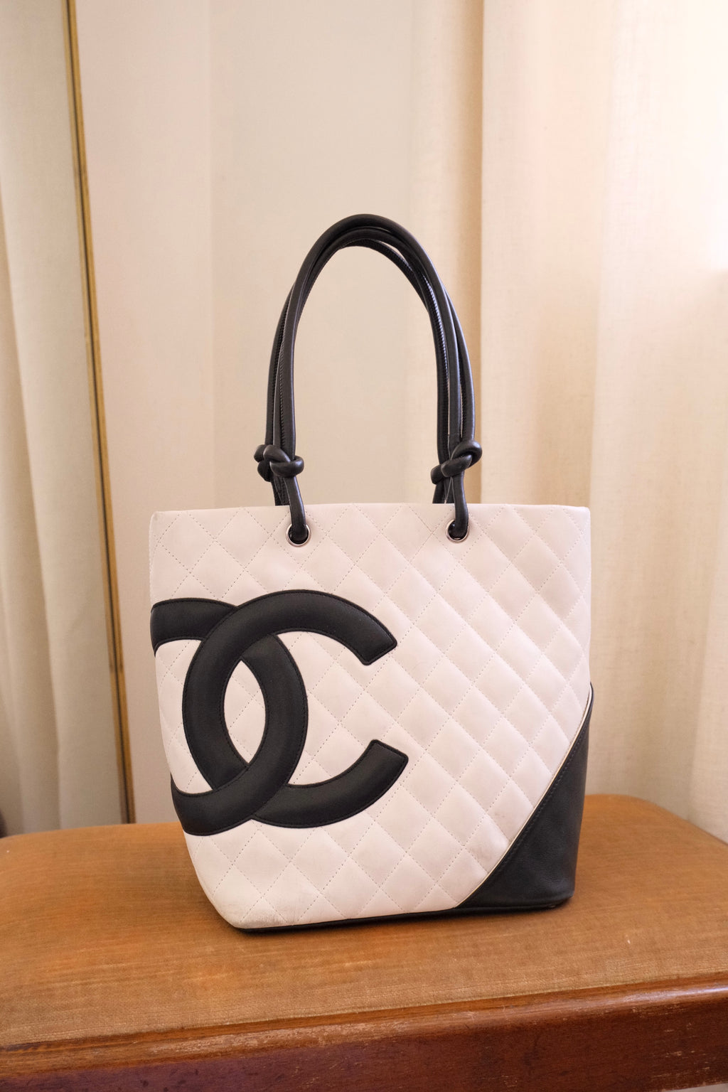 Authentic 2004 Chanel Cambon Tote Bag White Black Quilted Leather Shoulder Bag