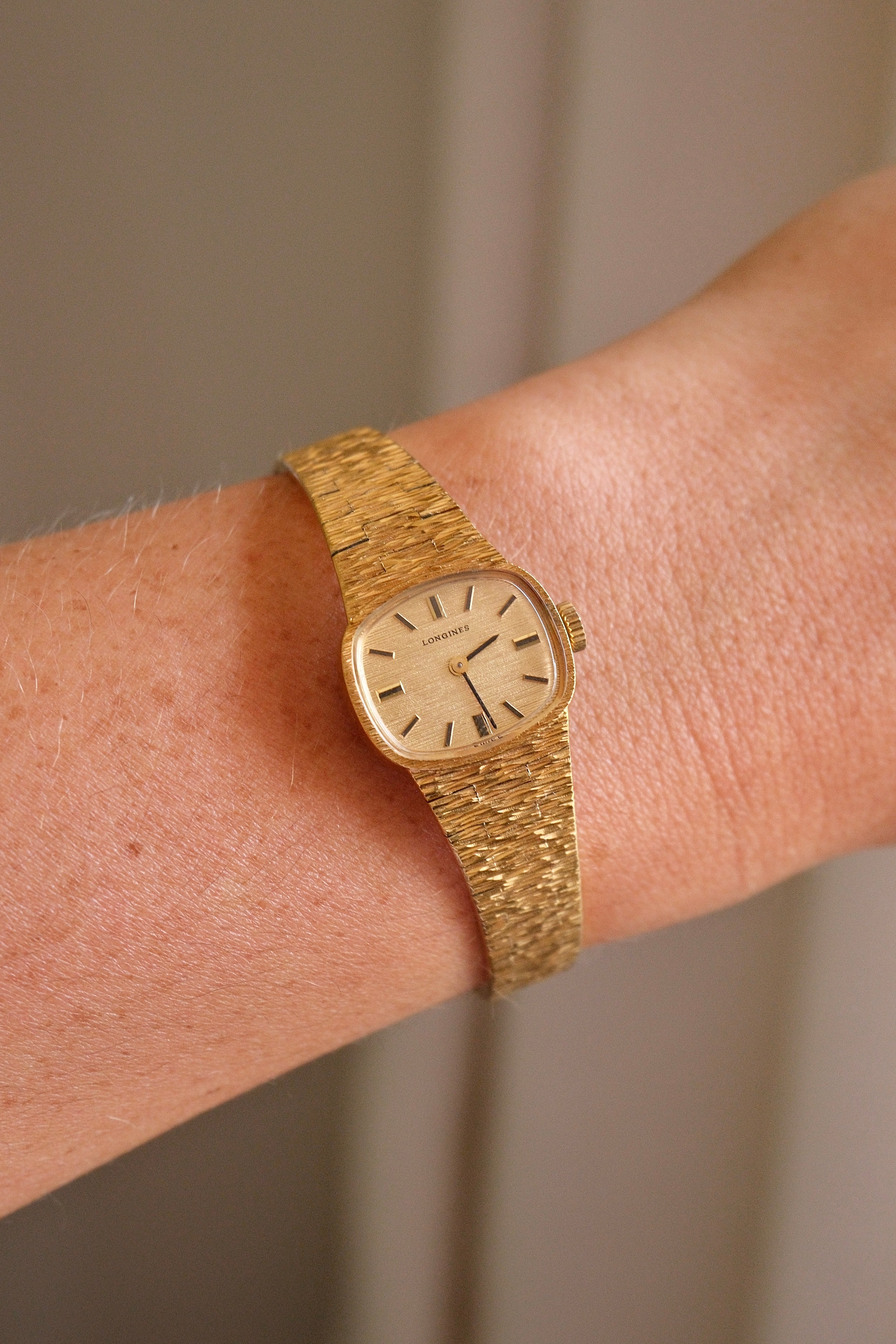 1970s Vintage Ladies Longines Gold Cocktail Watch, Textured Bark Bracelet Swiss Mechanical
