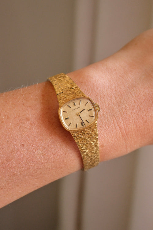 1970s Vintage Ladies Longines Gold Cocktail Watch, Textured Bark Bracelet Swiss Mechanical