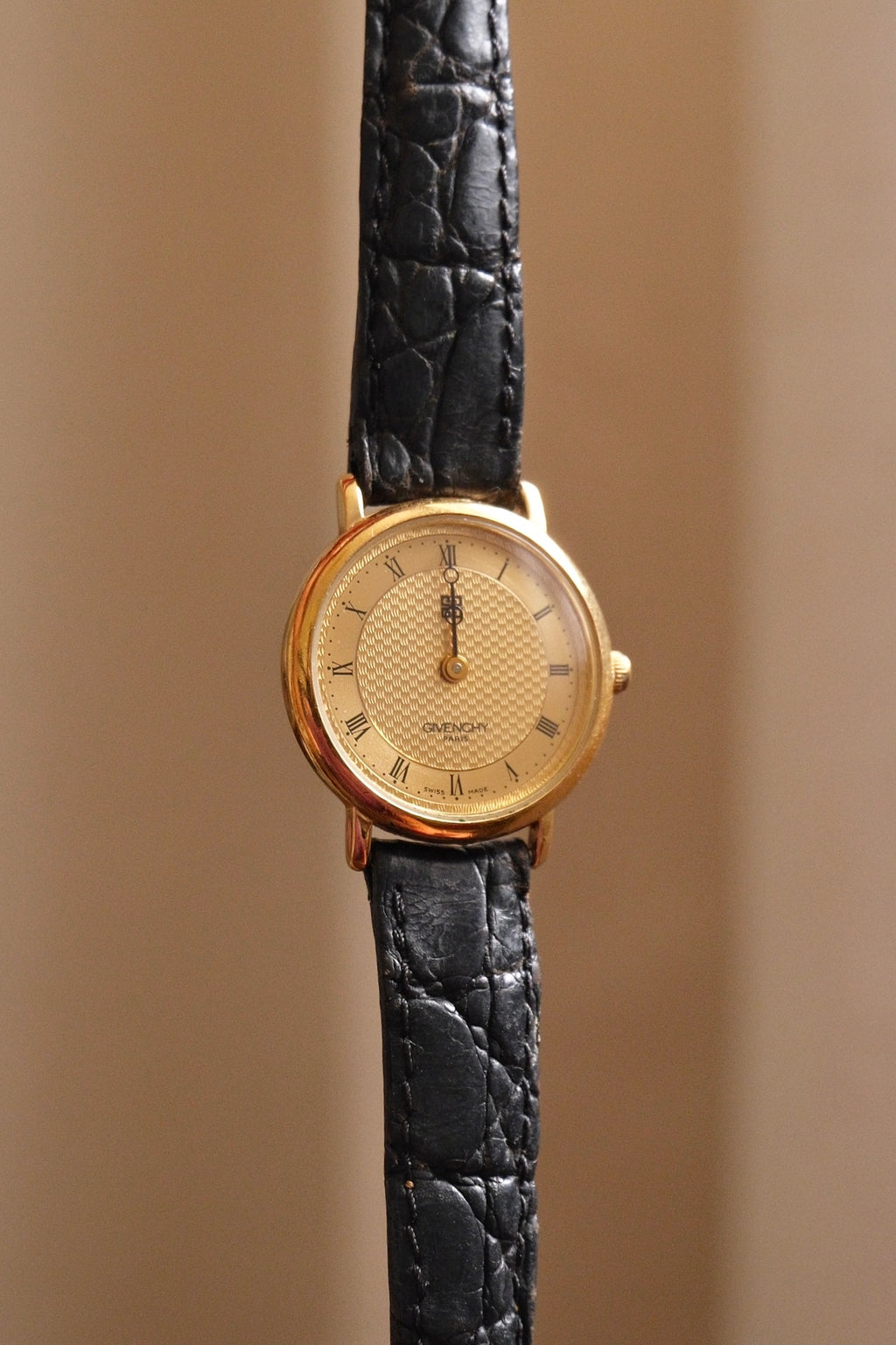 Vintage Ladies Givenchy Paris Gold Dress Watch, Black Crocodile Leather Strap, Roman Numeral Dial, Classic Luxury Wristwatch