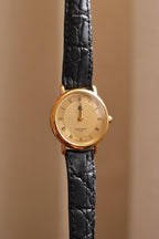 Vintage Ladies Givenchy Paris Gold Dress Watch, Black Crocodile Leather Strap, Roman Numeral Dial, Classic Luxury Wristwatch