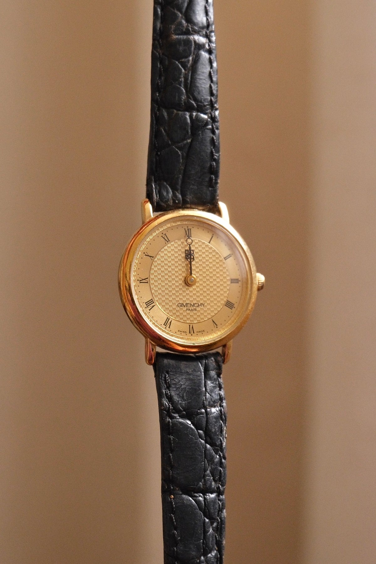 Vintage Ladies Givenchy Paris Gold Dress Watch, Black Crocodile Leather Strap, Roman Numeral Dial, Classic Luxury Wristwatch