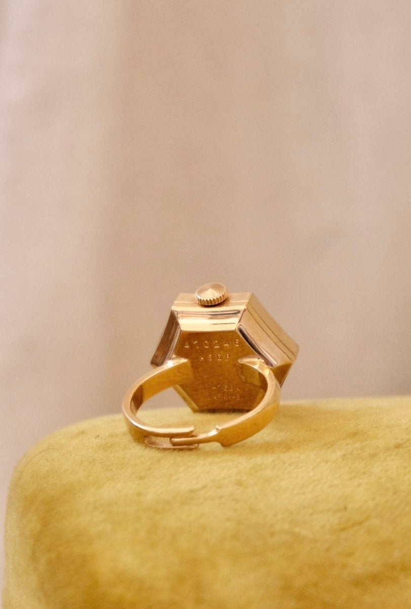 Rare 1970s Vintage Seiko Gold Mechanical Ring Watch Adjustbale Size Geometric Design