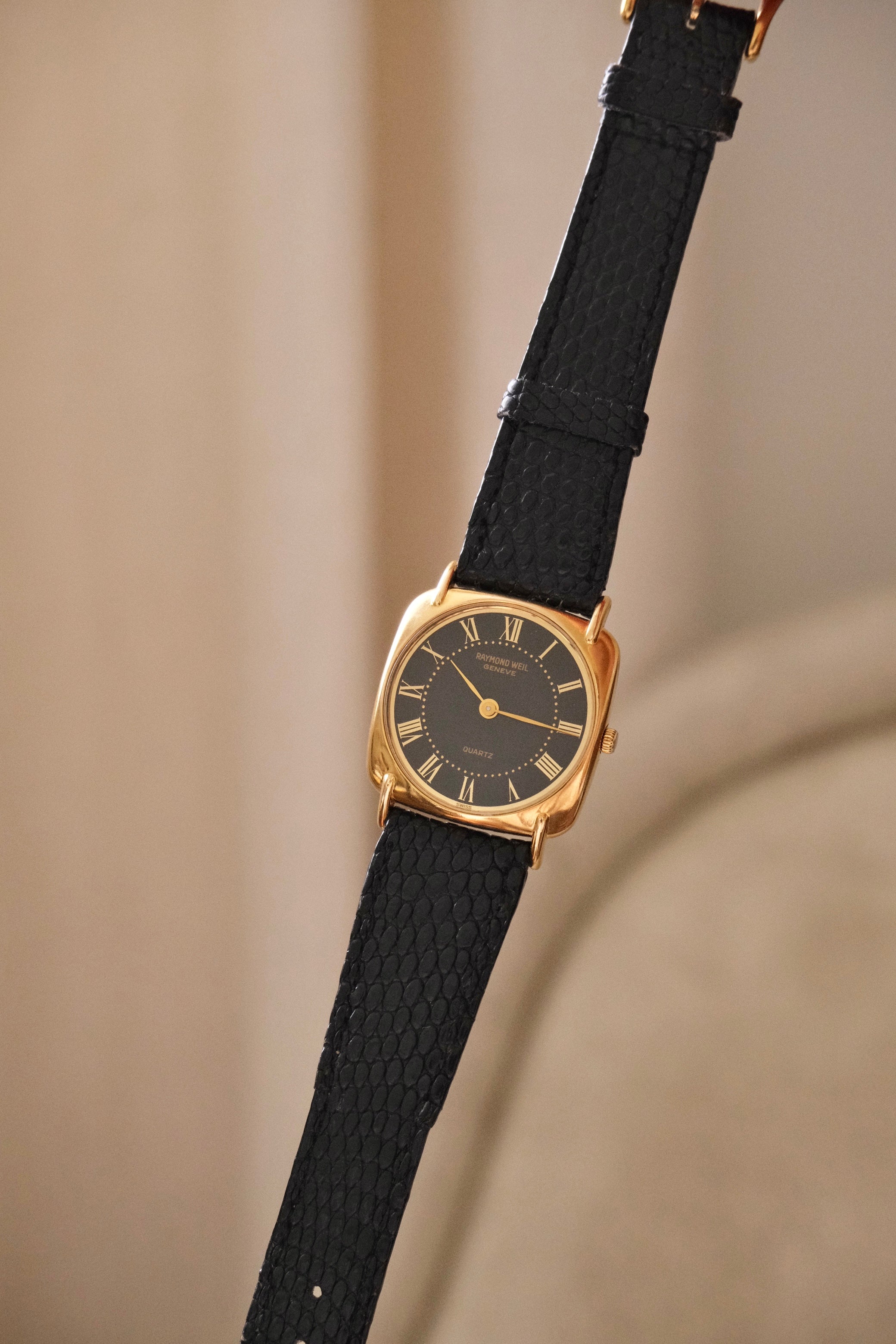 Unisex Ladies Mens Vintage 18k Gold Plated Black Leather Strap Raymond Weil Watch Working
