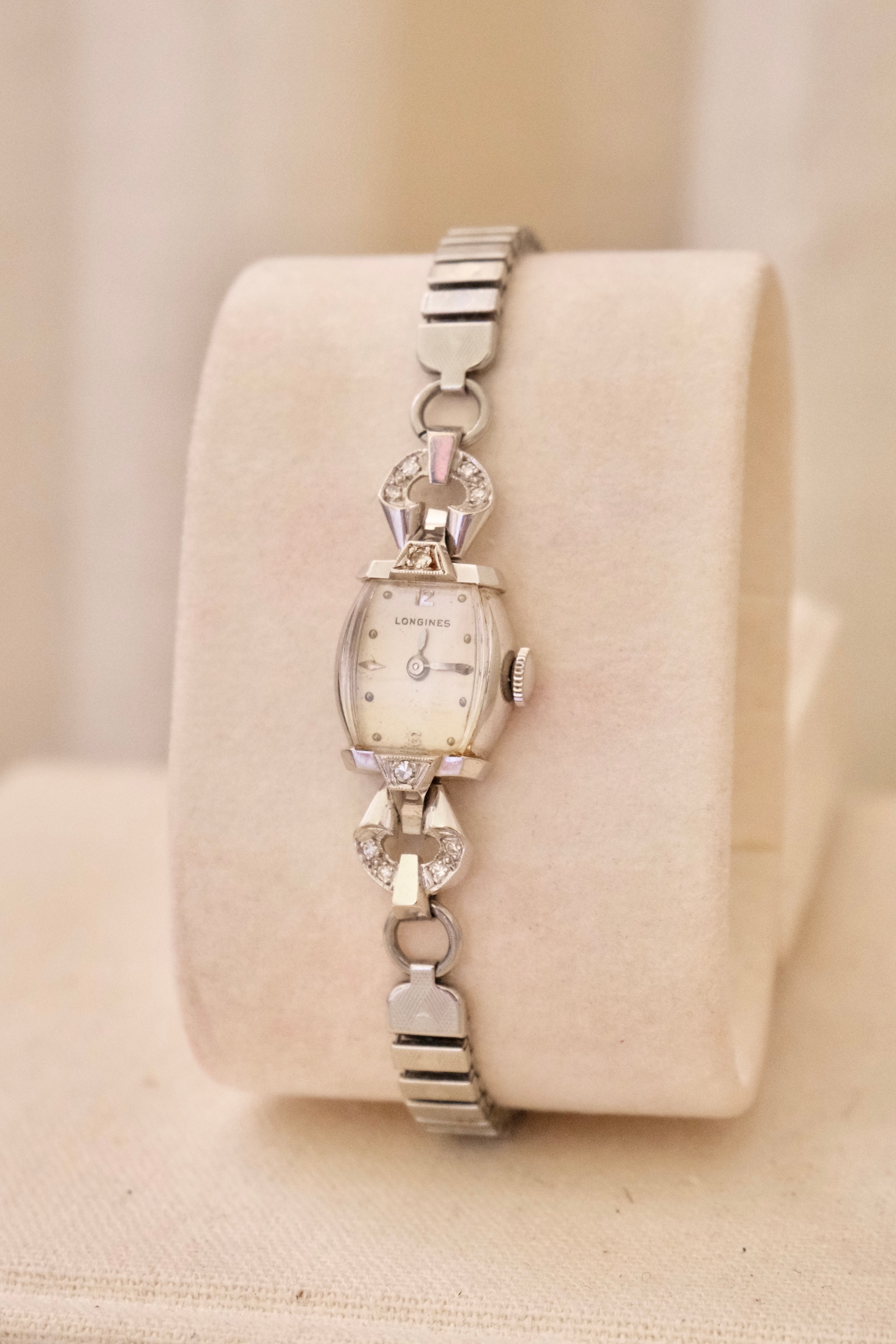 Rare Vintage Longines 14K White Gold Diamond Ladies Watch – Art Deco Style 1950s Swiss 17 Jewel Manual Wind Wristwatch