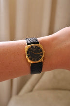 Unisex Ladies Mens Vintage 18k Gold Plated Black Leather Strap Raymond Weil Watch Working