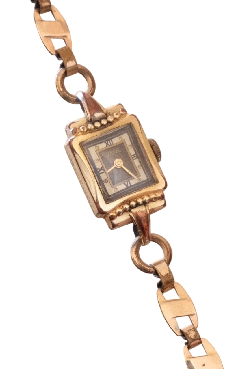 1930s Art Deco Gold Link Bracelet Watch | Petite Square Vintage Wristwatch | Antique Elegant Timepiece
