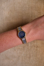 Vintage Ladies 1990s YSL Quartz Two Tone Watch - Blue Striped Dial